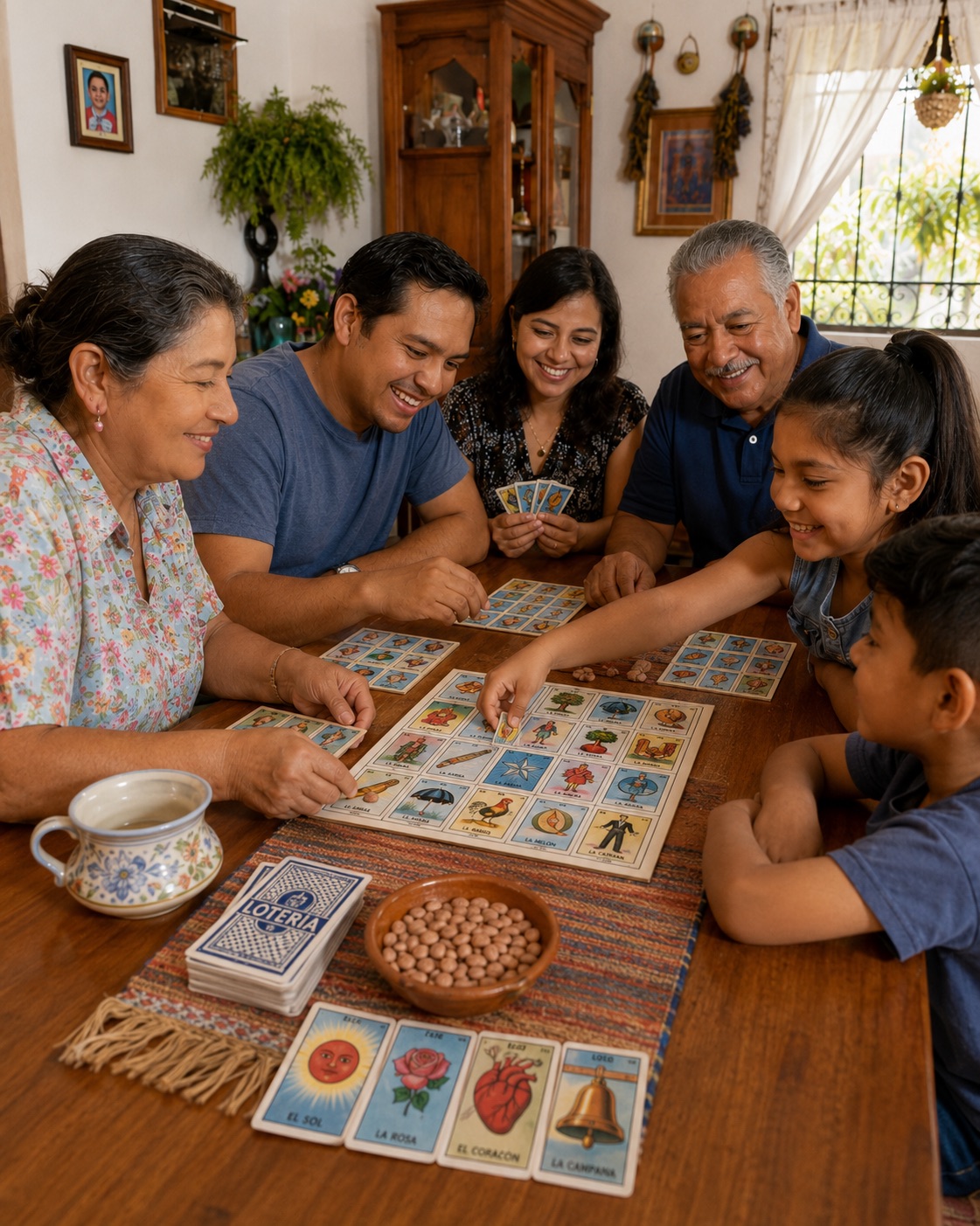 Familia mexicana reunida jugando lotería en casa